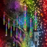 8-tube Solar Meteor Shower String Lights, Outdoor Solar Lights, Garden And Yard Decoration String Lights, Christmas And Halloween Decorative Lamps, 192 LED Floral-themed, Independence Day Hanging Tree Decorations, 8-tube Solar Light Strings