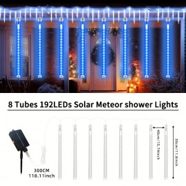 8-tube Solar Meteor Shower String Lights, Outdoor Solar Lights, Garden And Yard Decoration String Lights, Christmas And Halloween Decorative Lamps, 192 LED Floral-themed, Independence Day Hanging Tree Decorations, 8-tube Solar Light Strings