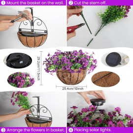 Solar-Powered Wall-Hanging Flower Basket: This Outdoor Artificial Flower Basket Is Equipped with Solar-powered RGB String Lights, Making It Ideal for Christmas And Spring Decoration. The 10-inch Semicircular Planter Contains Artificial Carnations