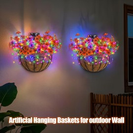 Solar-Powered Wall-Hanging Flower Basket: This Outdoor Artificial Flower Basket Is Equipped with Solar-powered RGB String Lights, Making It Ideal for Christmas And Spring Decoration. The 10-inch Semicircular Planter Contains Artificial Carnations