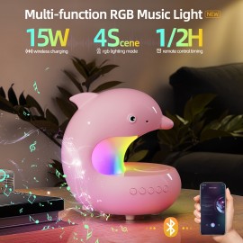Rechargeable Smart Lamp with Wireless Music Speaker and Wireless Charger for Mobile Phone | Adjustable Brightness Dolphin Table Lamp, USB Type-C Desk Lamp, Bedroom LED Night Light, Valentine'S Day Gift, Camping, Wedding, Halloween