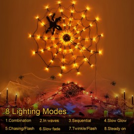 [Spider String Lights] Halloween Spider Web Lights with Spider&70LED Orange Lights, Smart String Light 8 Lighting Modes Light up Cobweb Halloween Lights for Haunted House Window Room Indoor Party Halloween Spooky Party Essential
