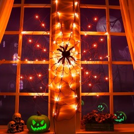 [Spider String Lights] Halloween Spider Web Lights with Spider&70LED Orange Lights, Smart String Light 8 Lighting Modes Light up Cobweb Halloween Lights for Haunted House Window Room Indoor Party Halloween Spooky Party Essential