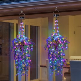 2pcs Solar Artificial Hanging Flowers Basket, Fake Hanging Plant Basket with RGB Solar String Lights for Outdoor Decor, Conical Solar Flower Rattan Basket with Rattan Hanging Flowers for Outside Porch Yard Patio Garden, Purple