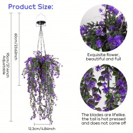 2pcs Solar Artificial Hanging Flowers Basket, Fake Hanging Plant Basket with RGB Solar String Lights for Outdoor Decor, Conical Solar Flower Rattan Basket with Rattan Hanging Flowers for Outside Porch Yard Patio Garden, Purple