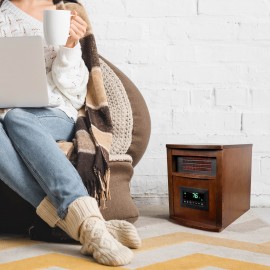 LifeSmart LifePro 1500 Watt Portable Electric Infrared Quartz Space Heater for Indoor Use with 6 Heating Elements, Wheels, and Remote, Brown Oak Wood