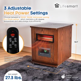 LifeSmart LifePro 1500 Watt Portable Electric Infrared Quartz Space Heater for Indoor Use with 6 Heating Elements, Wheels, and Remote, Brown Oak Wood