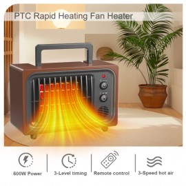600W Portable Electric Space Heater with Remote Control - Quiet Infrared Heater Suitable for Bedroom, Office & Indoor Use, 3 Heat/Fan Settings, Adjustable Thermostat, Timer, Overheat & Tip-Over Protection, Compact /Desk Heater ( Plug)