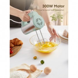 Hand Mixer Handheld, 6 Speed Electric Mixer, 300W Handheld Mixer with 2 Stainless Steel Whisk and 2 Dough Hook Whipping, Mixing Cookies, Brownie, Cakes, Dough Batters, Green